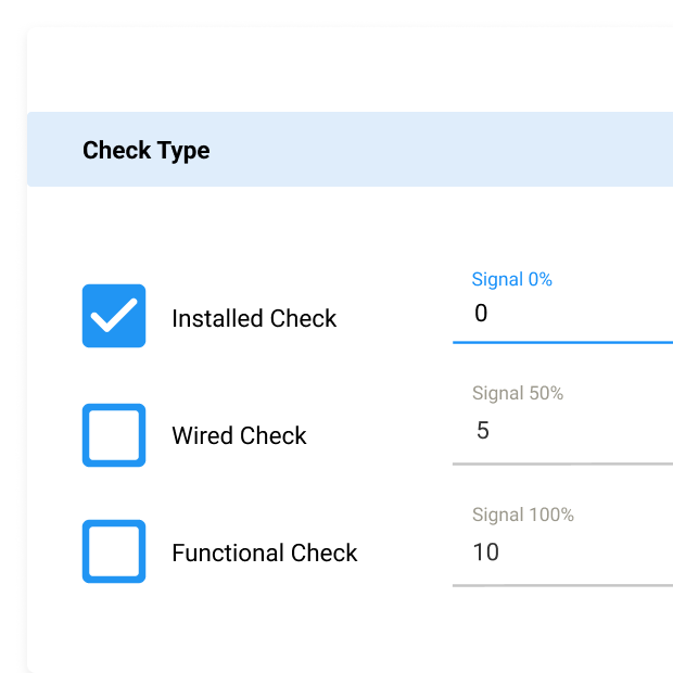 Image highlighting ability to customize check data fields, represented by 3 checkboxes with accompanying labels: installed check, wired check, functional check 